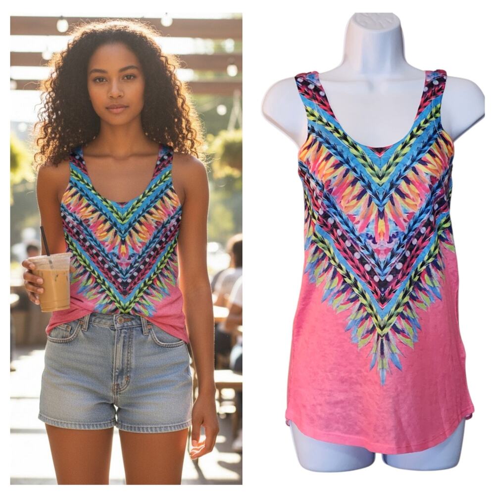 XYNC Womens Knit Tank Top Size S Pink Feather Native Print Pullover Lightweight